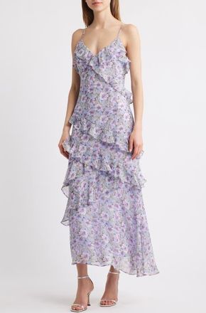 Lulus Luella Floral Print Ruffle Sleeveless Maxi Dress in Purple Floral at Nordstrom, Size Medium