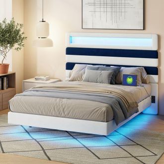 OEM Estructura De Cama Doble 140 X 190 Cm, Marco Flotante Con Iluminaci&oacute;n Led, Cabecera Alta, Usb, Estilo Moderno, Beige