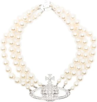 Vivienne Westwood Necklaces, female, Gray, Size: ONE SIZE Three Row Pearl Bas Relief Necklace
