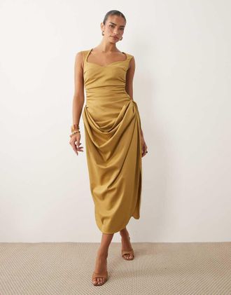 Asos Vestito midi a fascia strutturato con gonna drappeggiata in tessuto scuba color oliva oro-Verde