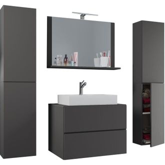 ebuy24 Vcm 5pcs Lavabo Lavabo Gabinete Inferior Ancho 60 Cm Muebles De Ba&ntilde;o Conjunto Con Cajones Puertas Giratorias Espejo Lendas Xl Caj&oacute;n (antracita / Roble