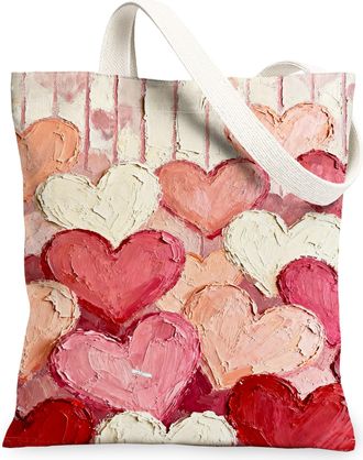 Generic Heart Design Canvas Tote Bags, Romantic Floral Reusable Grocery Bags, Spring Vintage Lightweight Washable Shoulder Strap Ca, Peach, 13x15 Inch