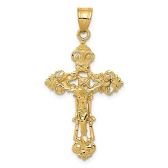 Diamond2Deal 14k Yellow Gold INRI Fleur De Lis Crucifix Pendant