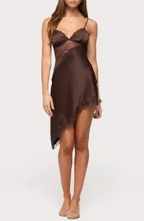 Edikted Kit Asymmetric Lace Inset Slipdress in Brown at Nordstrom, Size X-Small