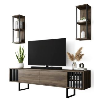 Dmora Dmora - Mueble De Televisi&oacute;n Ananke, Aparador De Sal&oacute;n, Mueble Bajo Para Tv, Base De Pared Equipada, 180x30h48 Cm, Nogal Y Negro, Con Embalaje Reforza