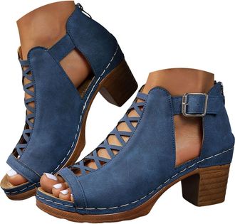 Generic Womens Platform Sandals Summer Trendy Dressy Gladiator Sandals Chunky Heel Hollow Cut Out Open Toe Stacked Heeled Booties Beach Boho Comfortable Ankle