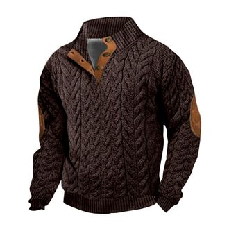 Generic Mens Cable Twist Knit Pullover, Button-Up Collar Casual Sweater. Soft Elbow Patch Knitwear for Men, Warm Autumn Winter Pullover, Classic Outdoor Sweat