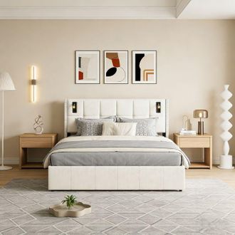 OEM Cama Lit 140x190 - Pocketpop - Terciopelo Beige - Cabecero Con L&aacute;mpara Led - Almacenamiento Hidr&aacute;ulico