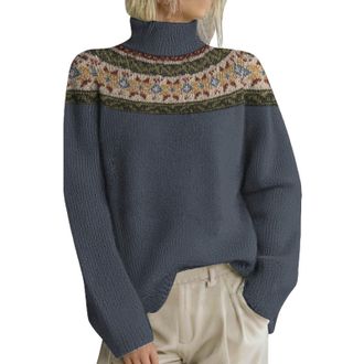 Generic Womens Jumpers Polo Neck Fair Isle Jumpers Ladies Plus Size Winter Warm Sweaters Long Sleeve Soft Vintage Pullover Sweater Navy