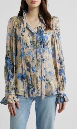 Kobi Halperin Josie Metallic Floral Ruffle Button-Up Shirt in Blue Multi at Nordstrom, Size Xx-Large
