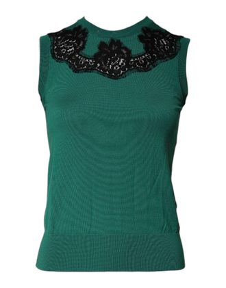 Dolce & Gabbana Womens Lacetrim Sleeveless Knit Top - Dark Green Wool - Size EU 32 (Womens)
