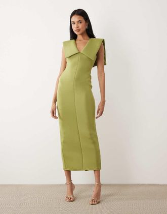 Asos Vestito midi con scollo profondo a V e spalle strutturate in tessuto stile scuba oliva-Verde