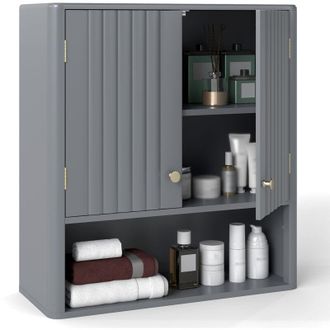 Costway Fluted Bathroom Wall Cabinet Modern Double Door Medicine Cabinet-Grey