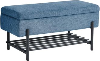Beliani Banco Para Pasillo Tapizado De Tela Repelente Al Agua Con Almacenaje Patas De Metal Azul Solvang