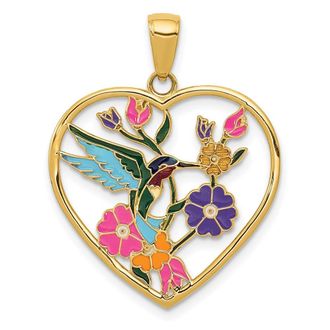 Diamond2Deal 14k Yellow Gold Enameled Hummingbird Flowers Heart Pendant