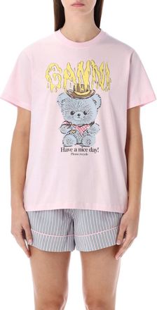 Ganni Pink Crewneck Printed T-Shirt