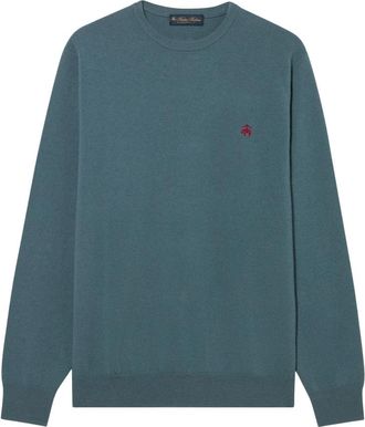 Brooks Brothers Lamswol trui met ronde hals en logo - Heren - Ronde hals truien - Blauw - 2XL - Wol - Truien & Vesten