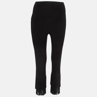 Norma Kamali Black Stretch Knit Fringed Hem Crop Leggings