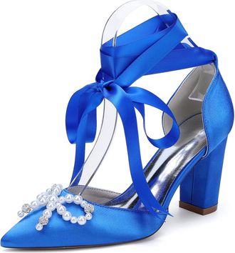 Generic Bridal Wedding Shoes Womens Chunky Heels Closed Toe Pointed Toe Heels with Bow and Crystal Pearl 8.5Cm,Royal Blue,10 UK