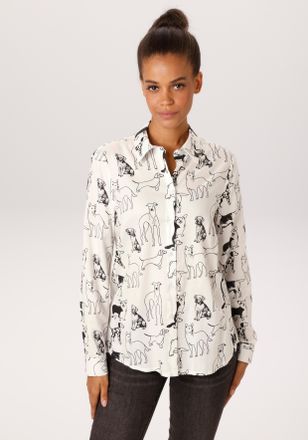 Aniston Hemdbluse ANISTON CASUAL, Damen, Gr. 36, wei&szlig;, schwarz, Web, Obermaterial: 100% Viskose, bedruckt, figurumspielend h&uuml;ftbedeckend, 1-Knopf-Manschette, 