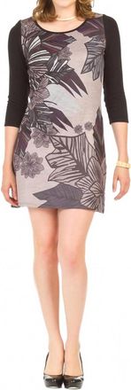 Papillon Leaf Print 3/4 Sleeve Dress In Mocha