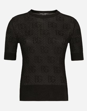 Dolce & Gabbana Lace-stitch Viscose Sweater With Jacquard Dg Logo - Woman Sweaters And Cardigans Black 40