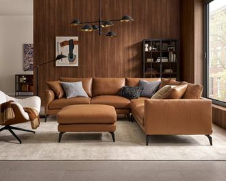 Castlery Lena Leather L-Shape Sectional Sofa with Ottoman, Cocoa American Top Grain Leather, Matte Black Legs