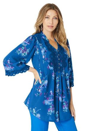 Roaman's Plus Size Juliet Lace Trim Button-Down Shirt in Vivid Blue Watercolor Bouquet at Nordstrom, Size 44