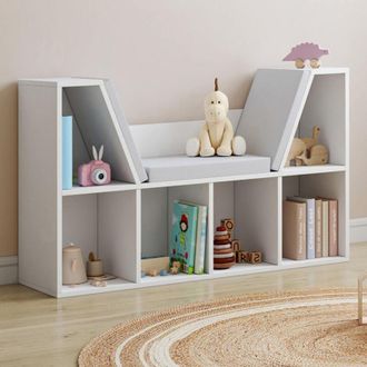 IDMarket Idmarket - Banco Librer&iacute;a Oscar 6 Compartimentos Con Cojines Gris 102 Cm Blanco