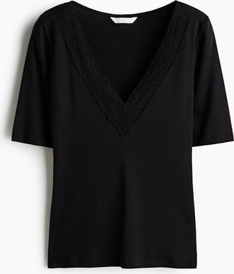 H&M Geripptes V-Shirt - Schwarz