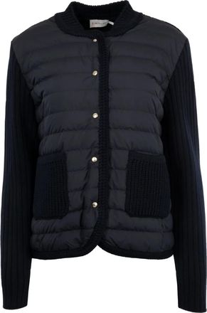 Moncler padded cardigan - women - Calf Leather/Polyester/Polyester/Virgin Wool/Down/Leather - L - Blue