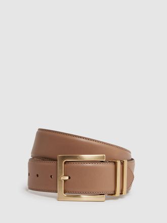 Reiss Brompton Camel & taupe Leather Square Buckle Belt, L, Beige