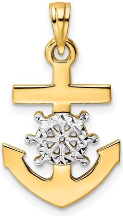 Diamond2Deal 14k Yellow Gold White Rhodium Diamond-Cut Anchor Ships Wheel Pendant