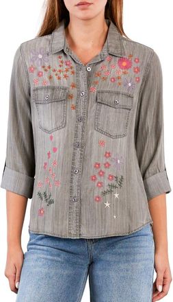 BILLY T Floral Crush Embroidered Denim Shirt in Perfect Grey at Nordstrom, Size X-Small