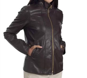 Nine West Classic Racer Leather Jacket In Brown