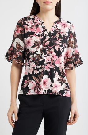 Anne Klein Ruffle Sleeve Top in Anne Black Multi at Nordstrom, Size Medium P