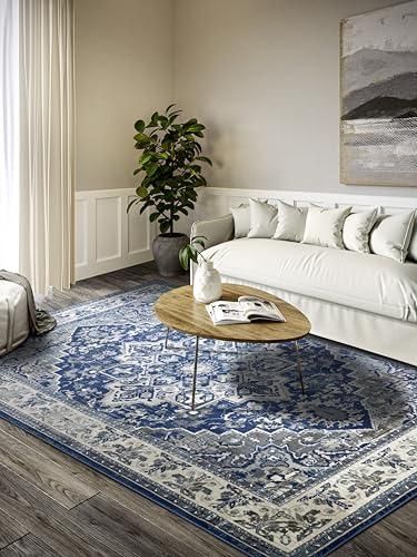 Villeroy & Boch Kurzflor Teppich Jehanne - Klassischer Wohnzimmerteppich - Traditioneller Teppich für Wohnzimmer, Schlafzimmer, Esszimmer, Flur, Küche - Blau Creme, 2 ab 250,64 €