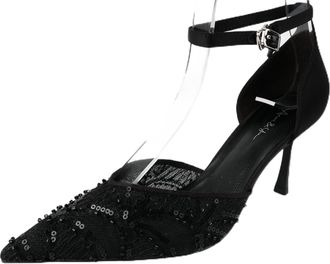 Generic Womens Elegant Pointed Toe Ankle Strap Heels Sequin Pumps for Evening Wedding Party Formal, Black, 8.5 Narrow