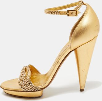 Gina Gold Leather Crystal Embellished Cross Ankle Strap Sandals