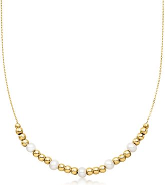 RS Pure by Ross-Simons Italian 3.5-4mm Cultured Pearl and 10kt Yellow Gold Bead Necklace