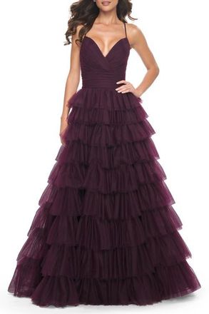 La Femme A-Line Ruffle Tulle Gown with High Slit and Lace Up Back in Dark Berry at Nordstrom, Size 10