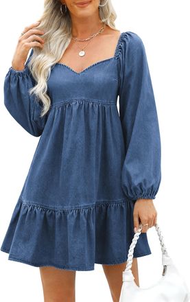Fengbay Denim Dresses for Women UK, Ladies Puff Long Sleeve Jean Dress Fall Casual Babydoll Ruffle Denim Dress Trendy Blue
