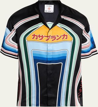 Casablanca Mens Silk Graphic Multi-Stripe Camp Shirt