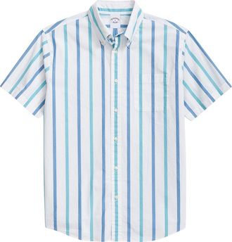 Brooks Brothers Friday Regular Fit Stripe Short Sleeve Cotton Poplin Button-Down Shirt in Turquoise/Aqua at Nordstrom, Size X-Large