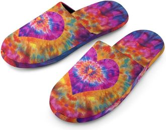 Generic Tie-dye Heart Watercolor Mens Slippers Flannel Warm House Shoes with Rubber Anti-Slip Sole Slip On for Home Outdoor