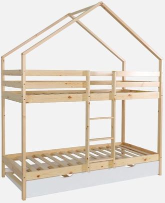 Sweeek Litera Infantil 190cm En Pino Natural Estilo Caba&ntilde;a Con Somier Y Caj&oacute;n