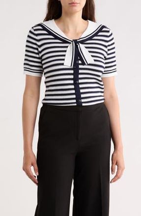 Adrianna Papell Stripe Shawl Collar Short Sleeve Sweater in Ivory/Navy at Nordstrom Rack, Size Small