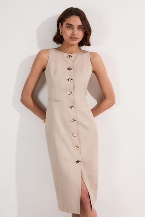 Karen Millen Womens Petite Viscose Linen Tailored Statement Button Front Pencil Midi Dress - Champagne - Size 16 UK