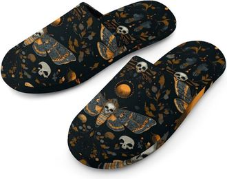 Generic Death Moth And Flower Print Mens Slippers Warm Non-Slip Houes Shose Spa Slipper for Home Bedroom