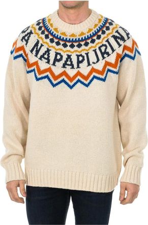 Napapijri Beige Multicolor Ronde Hals Trui - Heren - Ronde hals truien - Beige - 2XL - Wol - Truien & Vesten